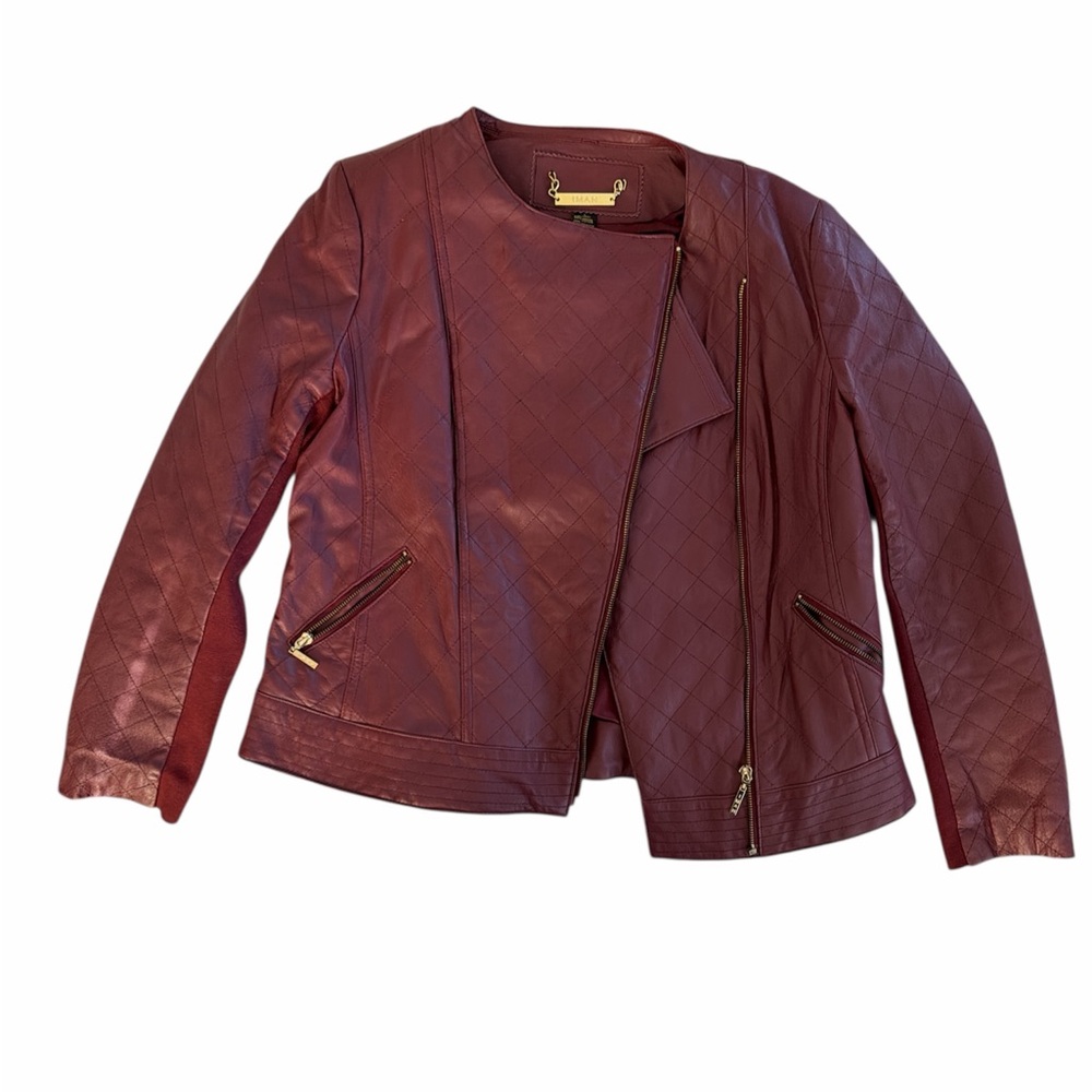 Women’s IMAN Quilted Maroon Leather Jacket - Size Large.